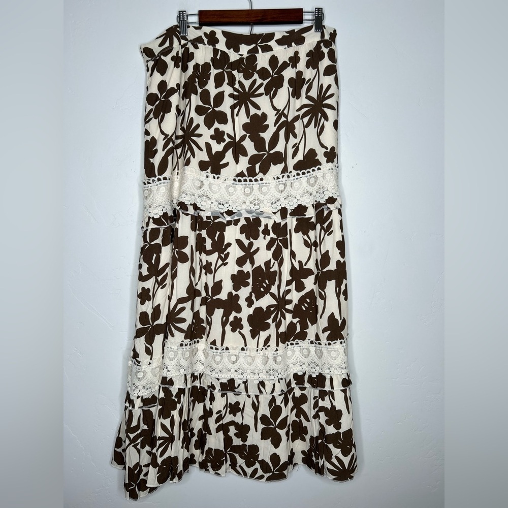 Boston Proper Brown and Cream Floral Maxi Skirt Crochet Size XL Boho‎ Resortwear